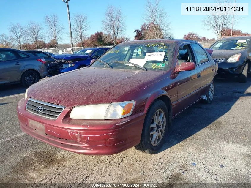 2000 Toyota Camry Xle V6 VIN: 4T1BF28K4YU114334 Lot: 40763778