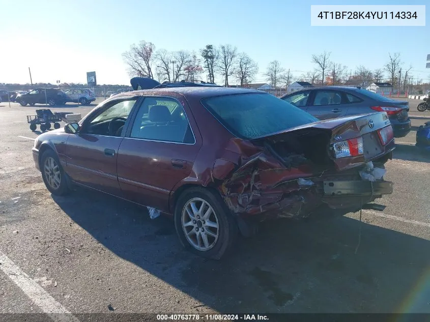 2000 Toyota Camry Xle V6 VIN: 4T1BF28K4YU114334 Lot: 40763778