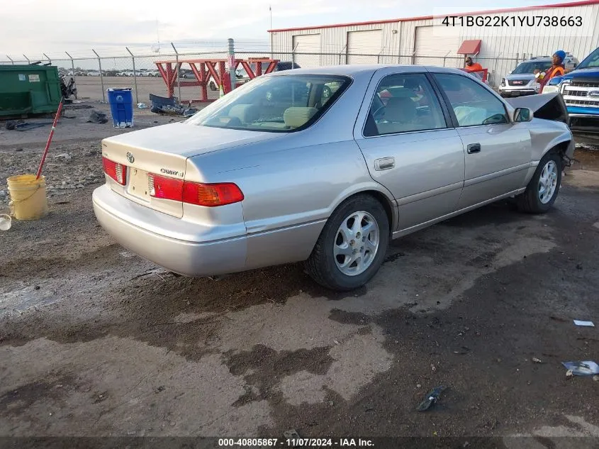 2000 Toyota Camry Le VIN: 4T1BG22K1YU738663 Lot: 40805867