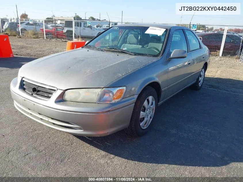 2000 Toyota Camry Le VIN: JT2BG22KXY0442450 Lot: 40807594