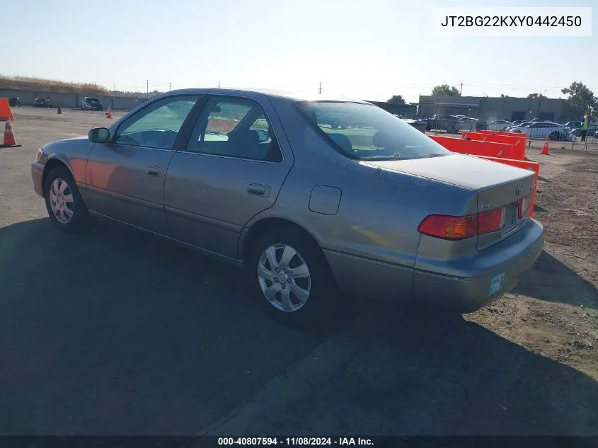 2000 Toyota Camry Le VIN: JT2BG22KXY0442450 Lot: 40807594