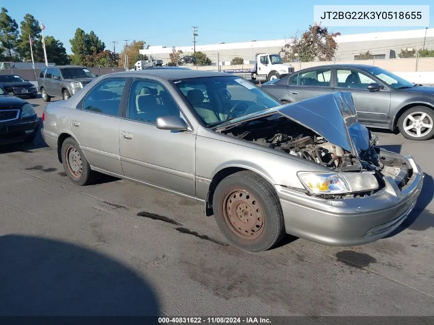 2000 Toyota Camry Le VIN: JT2BG22K3Y0518655 Lot: 40831622