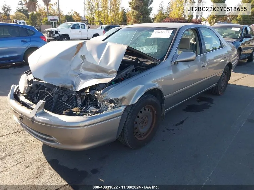 2000 Toyota Camry Le VIN: JT2BG22K3Y0518655 Lot: 40831622