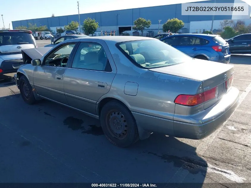 2000 Toyota Camry Le VIN: JT2BG22K3Y0518655 Lot: 40831622