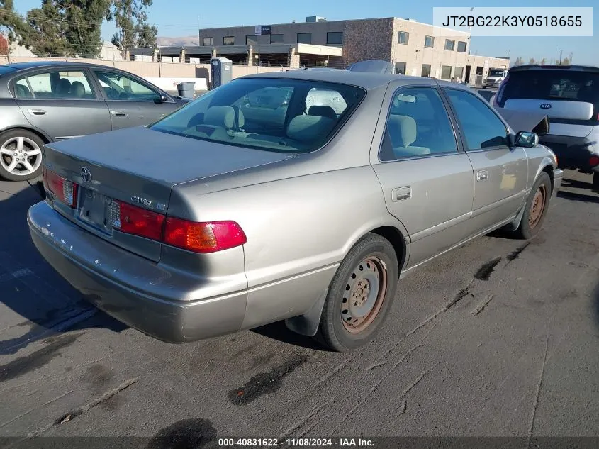 2000 Toyota Camry Le VIN: JT2BG22K3Y0518655 Lot: 40831622