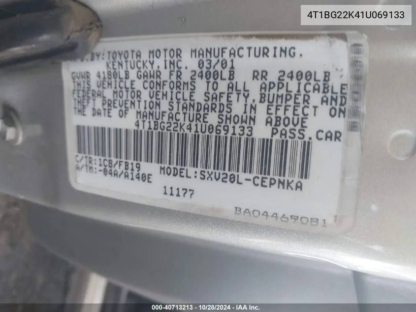 4T1BG22K41U069133 2001 Toyota Camry Le