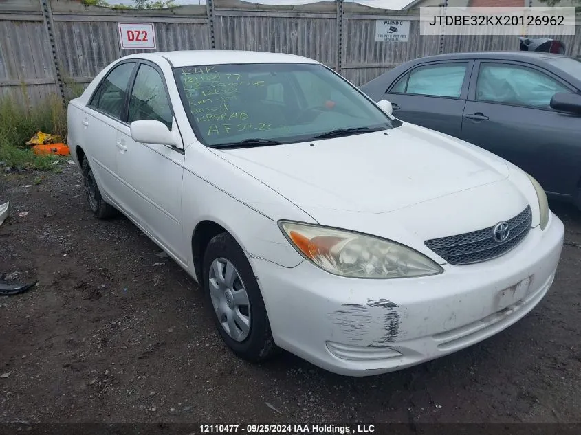 2002 Toyota Camry Le/Xle/Se VIN: JTDBE32KX20126962 Lot: 12110477