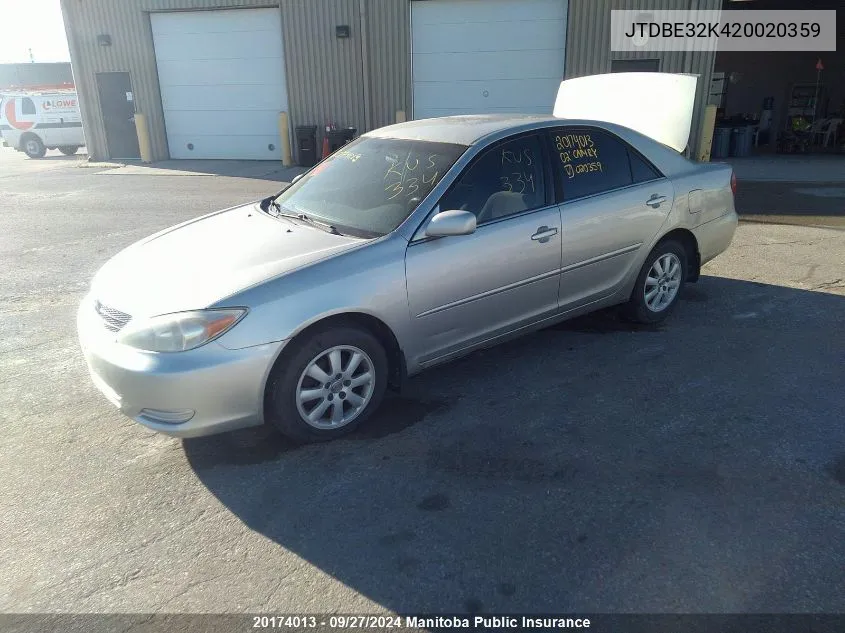 2002 Toyota Camry Xle VIN: JTDBE32K420020359 Lot: 20174013