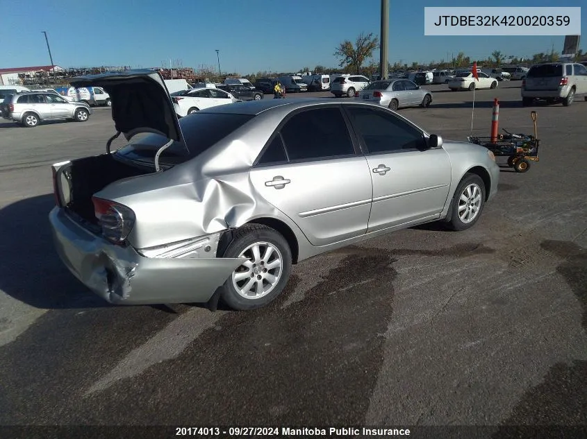 2002 Toyota Camry Xle VIN: JTDBE32K420020359 Lot: 20174013