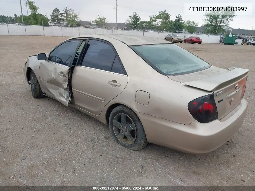 2002 Toyota Camry Se V6 VIN: 4T1BF30K02U003997 Lot: 39212074