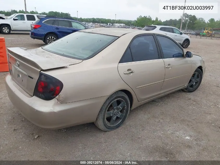 4T1BF30K02U003997 2002 Toyota Camry Se V6