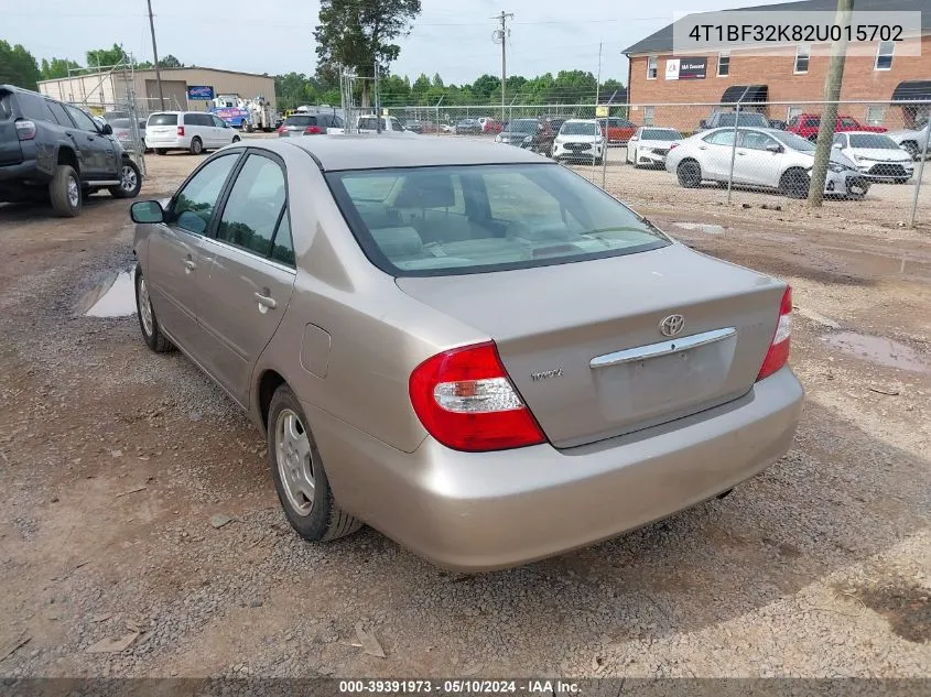 2002 Toyota Camry Le V6 VIN: 4T1BF32K82U015702 Lot: 39391973