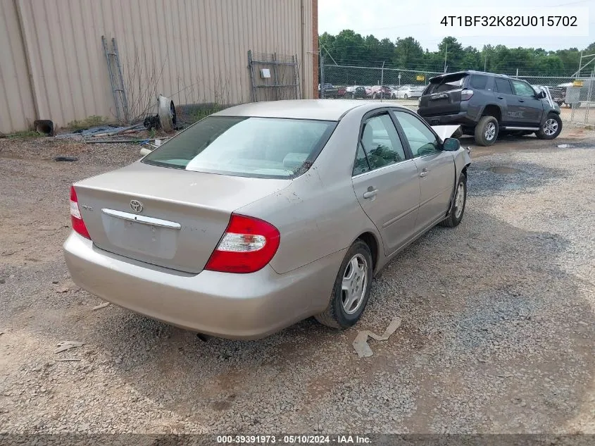 2002 Toyota Camry Le V6 VIN: 4T1BF32K82U015702 Lot: 39391973