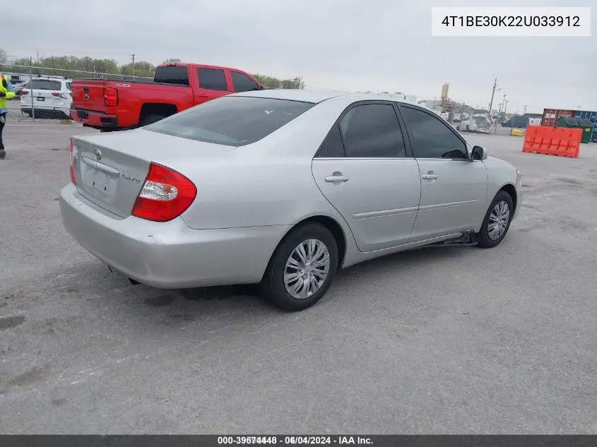 2002 Toyota Camry Le VIN: 4T1BE30K22U033912 Lot: 39574448