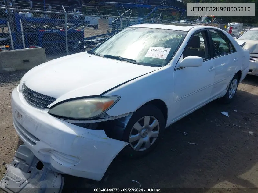 2002 Toyota Camry Le VIN: JTDBE32K920005310 Lot: 40444770