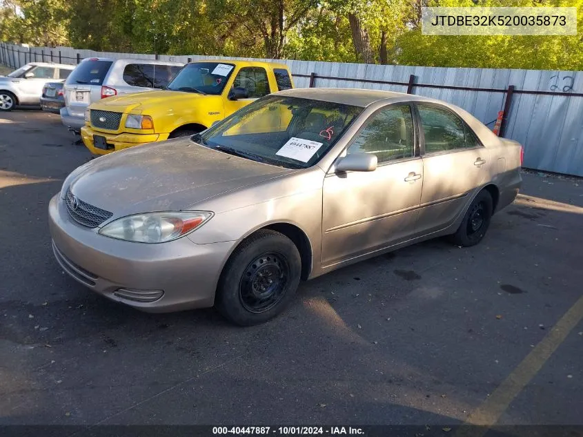 2002 Toyota Camry Le VIN: JTDBE32K520035873 Lot: 40447887