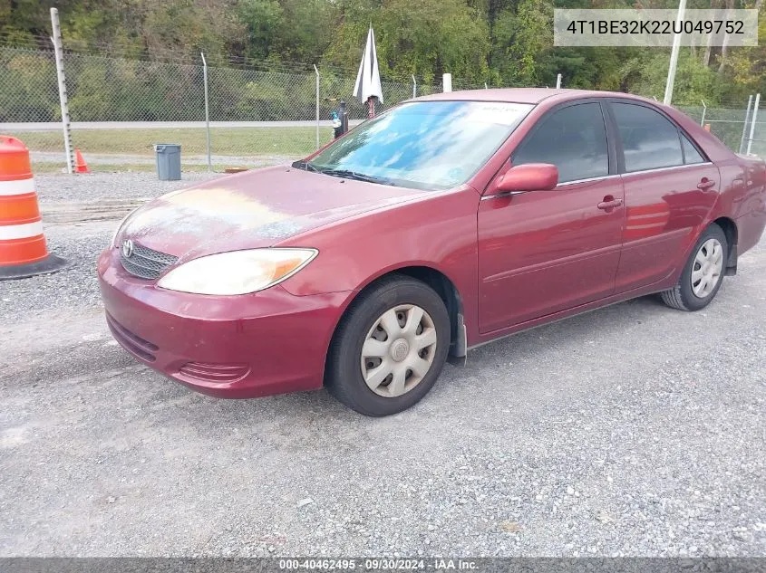 2002 Toyota Camry Le VIN: 4T1BE32K22U049752 Lot: 40462495