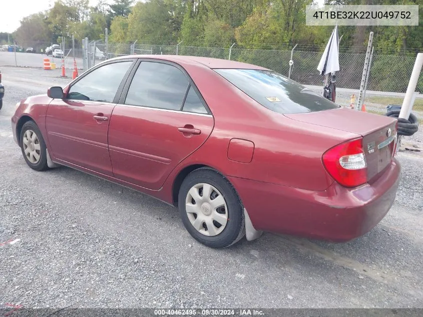 2002 Toyota Camry Le VIN: 4T1BE32K22U049752 Lot: 40462495