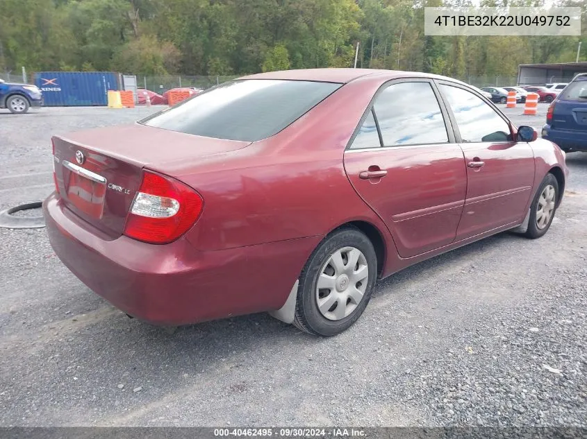 2002 Toyota Camry Le VIN: 4T1BE32K22U049752 Lot: 40462495