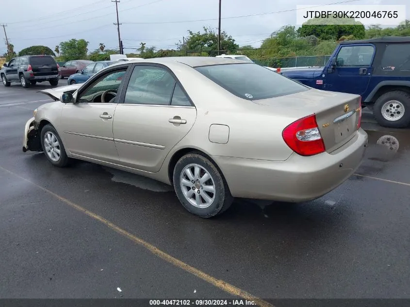 2002 Toyota Camry Le V6/Se V6/Xle V6 VIN: JTDBF30K220046765 Lot: 40472102