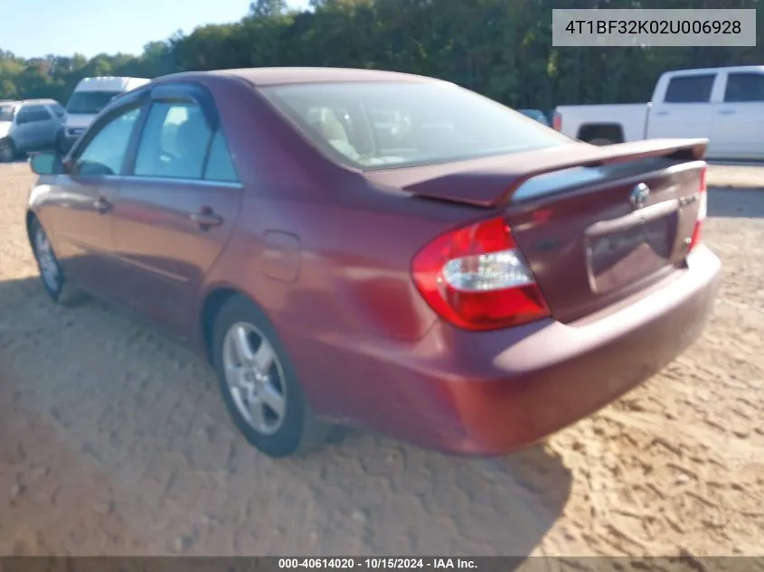 2002 Toyota Camry Se V6 VIN: 4T1BF32K02U006928 Lot: 40614020