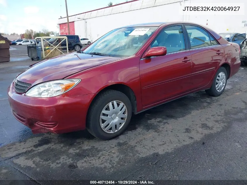 2002 Toyota Camry Le VIN: JTDBE32K420064927 Lot: 40712454