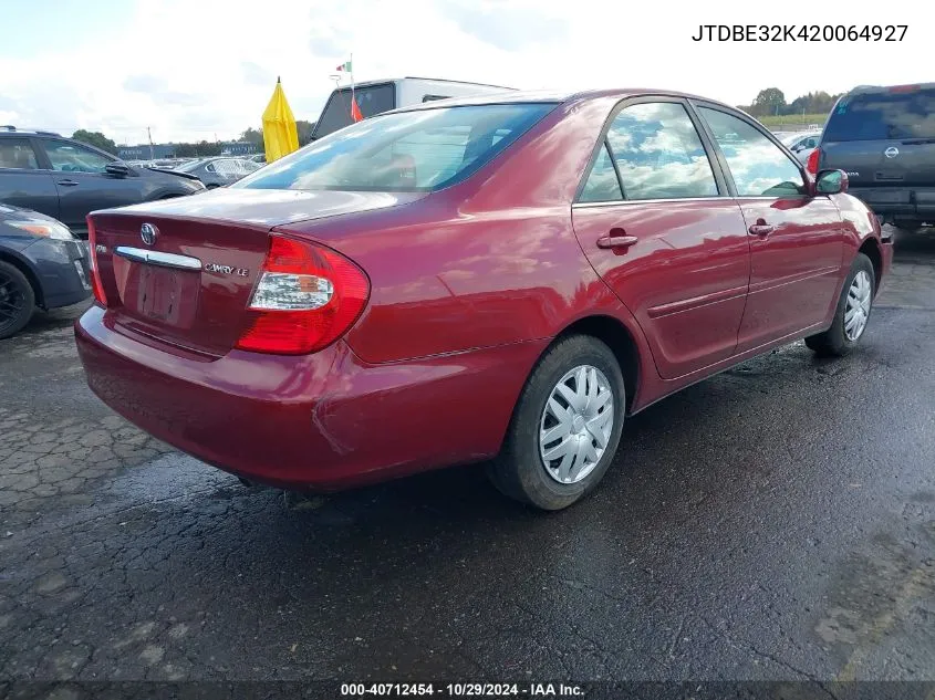 2002 Toyota Camry Le VIN: JTDBE32K420064927 Lot: 40712454