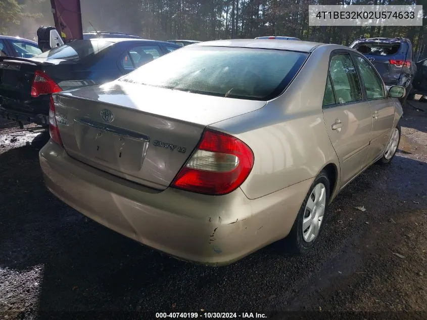 2002 Toyota Camry Le VIN: 4T1BE32K02U574633 Lot: 40740199