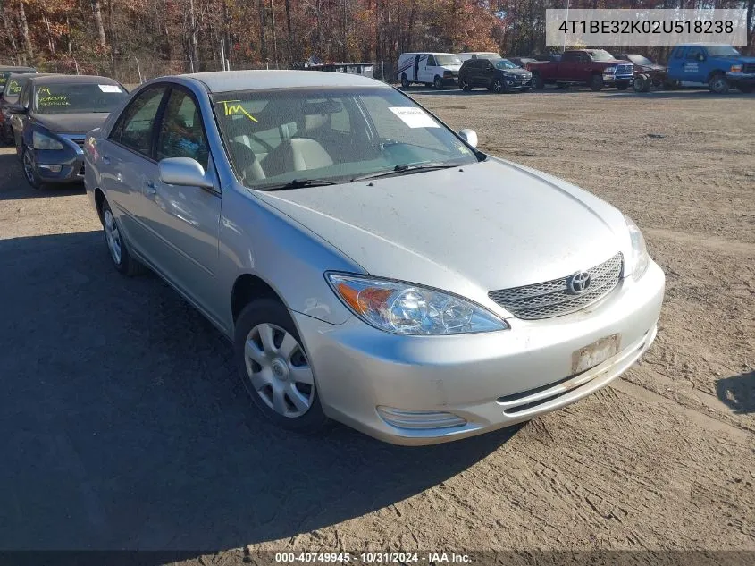 2002 Toyota Camry Le VIN: 4T1BE32K02U518238 Lot: 40749945