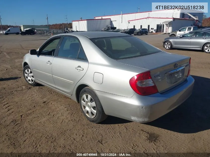 2002 Toyota Camry Le VIN: 4T1BE32K02U518238 Lot: 40749945