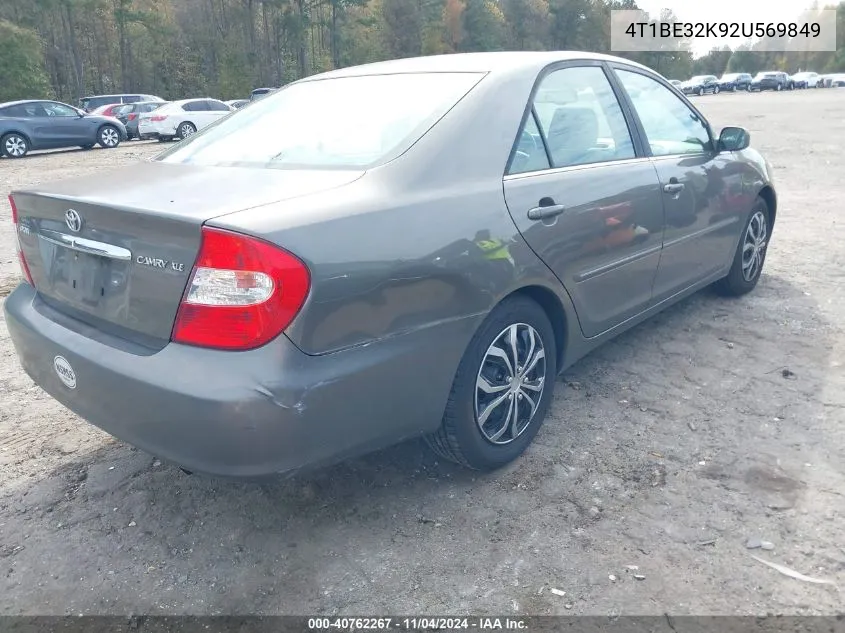 2002 Toyota Camry Xle VIN: 4T1BE32K92U569849 Lot: 40762267