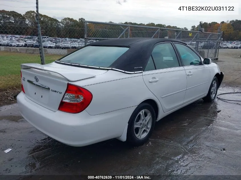 2002 Toyota Camry Le VIN: 4T1BE32K02U031122 Lot: 40762639