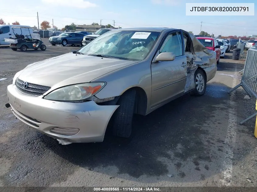 2002 Toyota Camry Xle V6 VIN: JTDBF30K820003791 Lot: 40859565