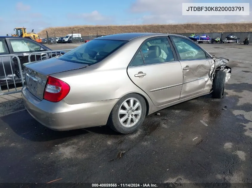 2002 Toyota Camry Xle V6 VIN: JTDBF30K820003791 Lot: 40859565