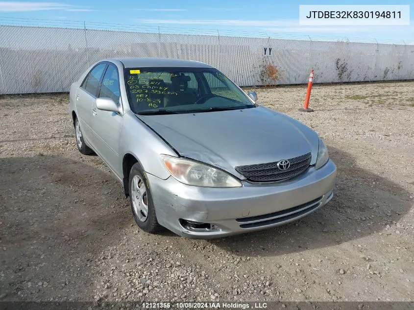 2003 Toyota Camry Le/Se/Xle VIN: JTDBE32K830194811 Lot: 12121355