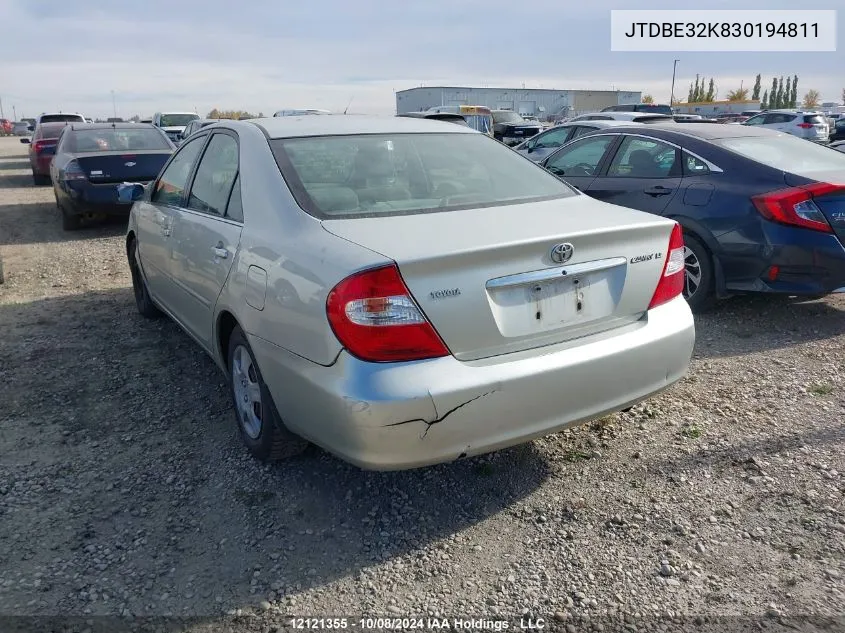 2003 Toyota Camry Le/Se/Xle VIN: JTDBE32K830194811 Lot: 12121355