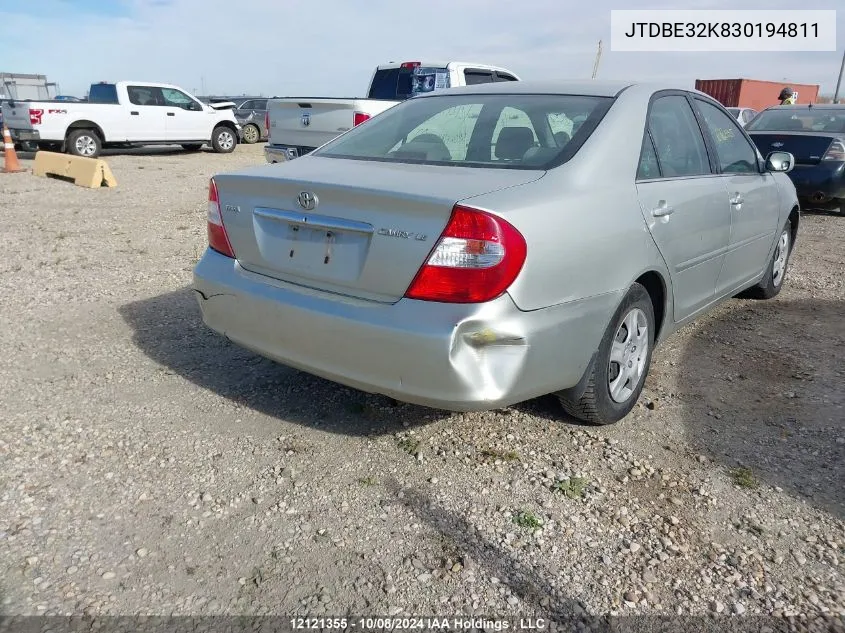 2003 Toyota Camry Le/Se/Xle VIN: JTDBE32K830194811 Lot: 12121355