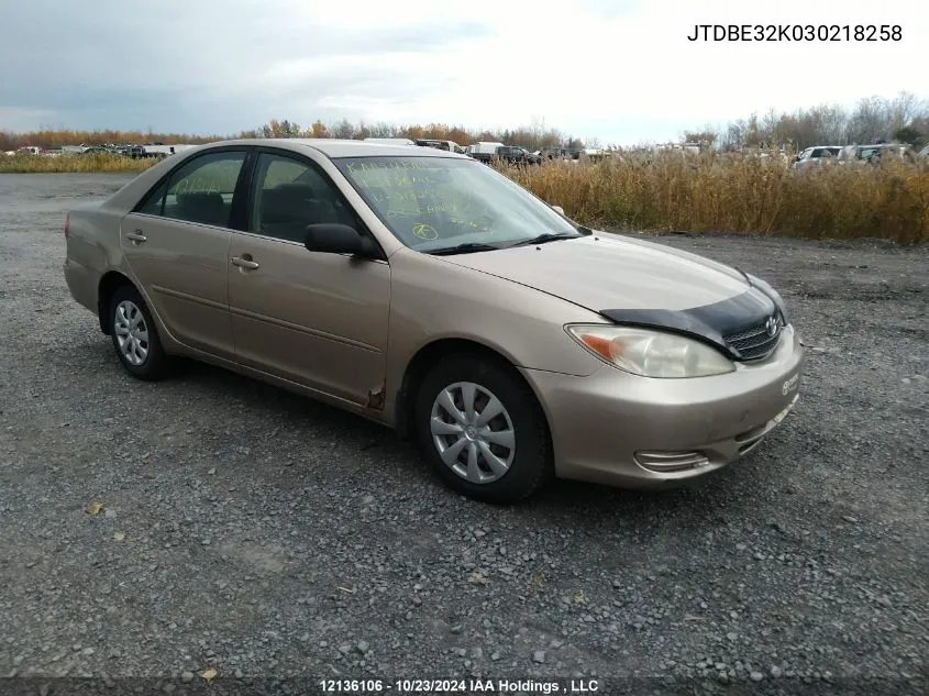 2003 Toyota Camry Le/Xle VIN: JTDBE32K030218258 Lot: 12136106