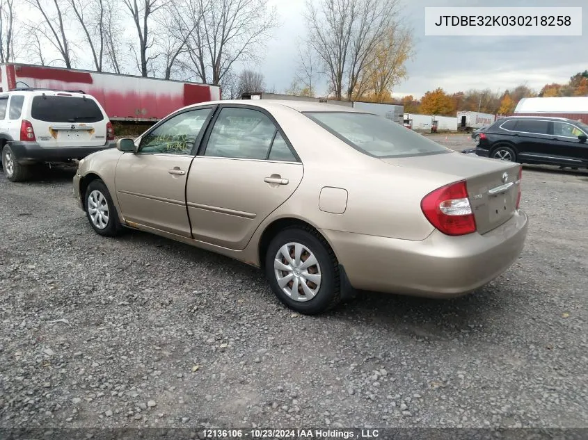 2003 Toyota Camry Le/Xle VIN: JTDBE32K030218258 Lot: 12136106