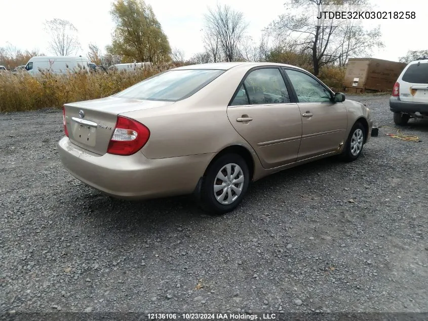 2003 Toyota Camry Le/Xle VIN: JTDBE32K030218258 Lot: 12136106