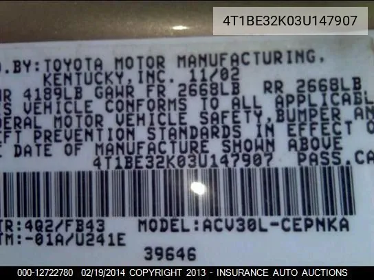 4T1BE32K03U147907 2003 Toyota Camry Le/Xle/Se