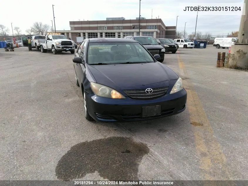 2003 Toyota Camry Le VIN: JTDBE32K330151204 Lot: 20181294