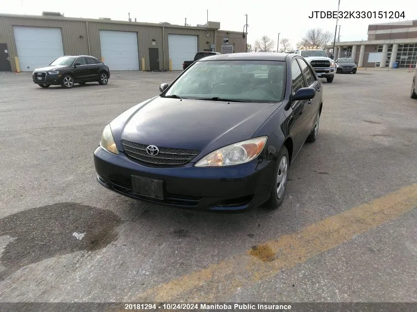 2003 Toyota Camry Le VIN: JTDBE32K330151204 Lot: 20181294