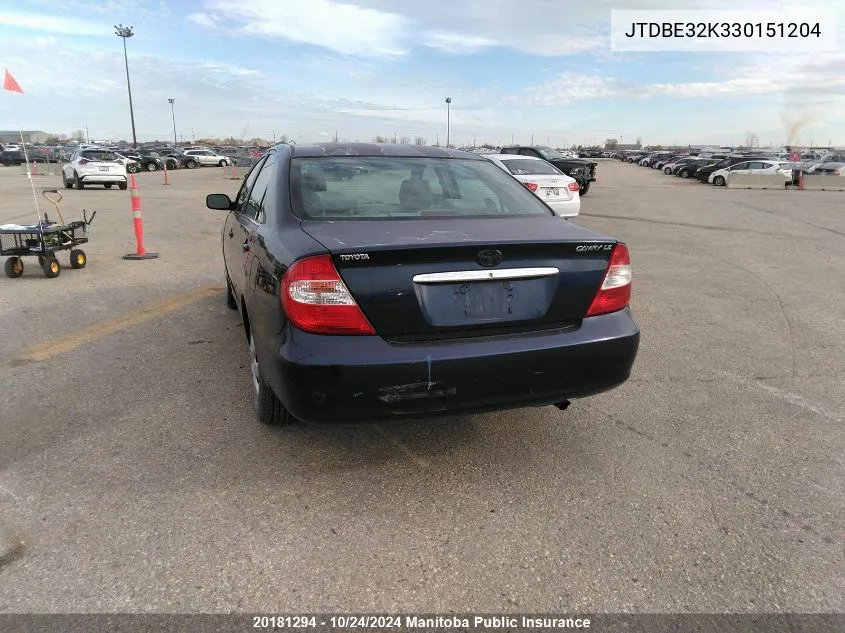 2003 Toyota Camry Le VIN: JTDBE32K330151204 Lot: 20181294