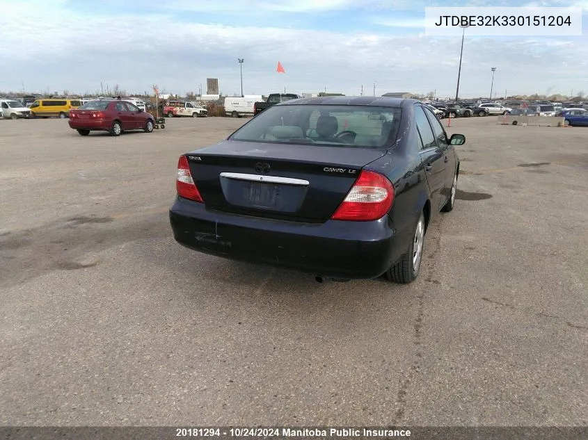 2003 Toyota Camry Le VIN: JTDBE32K330151204 Lot: 20181294