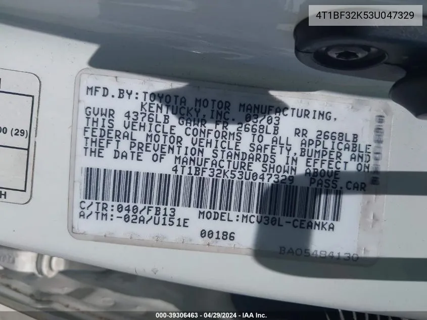 4T1BF32K53U047329 2003 Toyota Camry Le V6