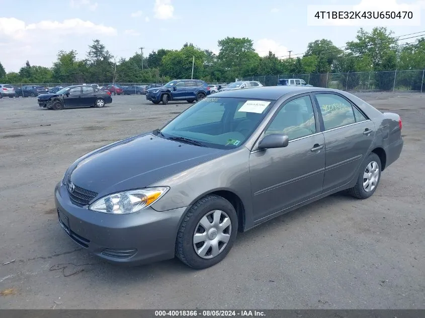 2003 Toyota Camry Le VIN: 4T1BE32K43U650470 Lot: 40018366