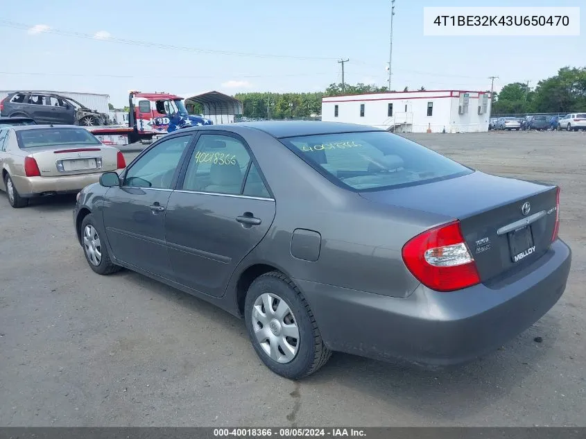 2003 Toyota Camry Le VIN: 4T1BE32K43U650470 Lot: 40018366