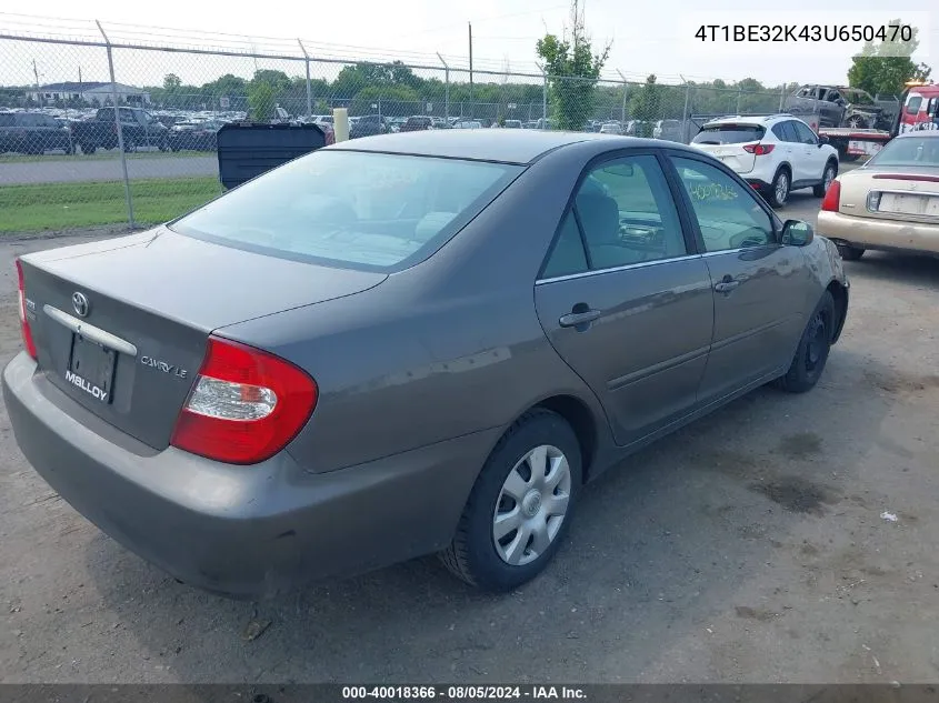 2003 Toyota Camry Le VIN: 4T1BE32K43U650470 Lot: 40018366