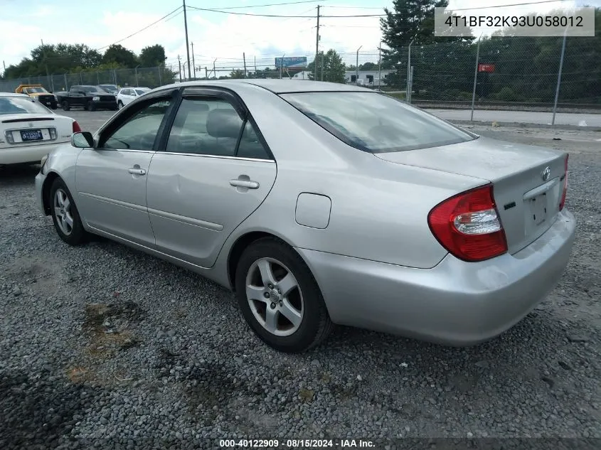 2003 Toyota Camry Se V6 VIN: 4T1BF32K93U058012 Lot: 40122909